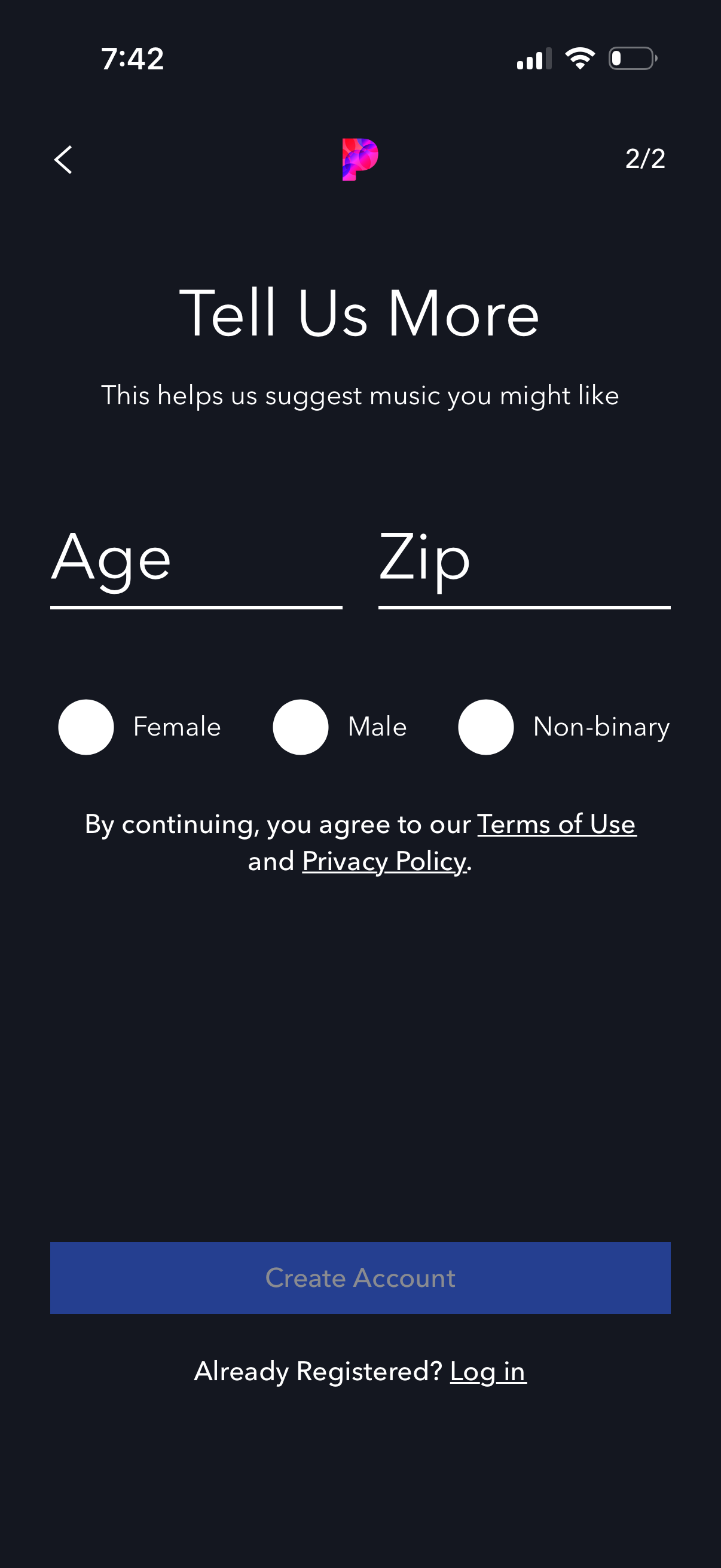 pandora signup screenshot